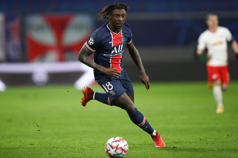 LEIPZIG, GERMANY - NOVEMBER 04: Moise Kean of Paris Saint-Germain controls the ball during the UEFA Champions League Group H stage match between RB Leipzig and Paris Saint-Germain at Red Bull Arena on November 04, 2020 in Leipzig, Germany. (Photo by Maja Hitij/Getty Images)