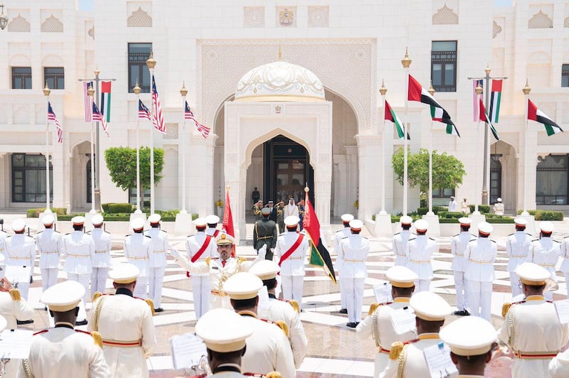 Sheikh Mohamed bin Zayed, Crown Prince of Abu Dhabi and Deputy Supreme Commander of the Armed Forces, receives the King of Malaysia, Sultan Abdullah Sultan Ahmad Shah, at an official reception ceremony at Al Watan Palace. Courtesy Sheikh Mohamed bin Zayed Twitter