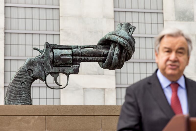 Antonio Guterres called for a ceasefire in front of the bronze sculpture called 'The Knotted Gun' last week outside the UN headquarters in New York. EPA