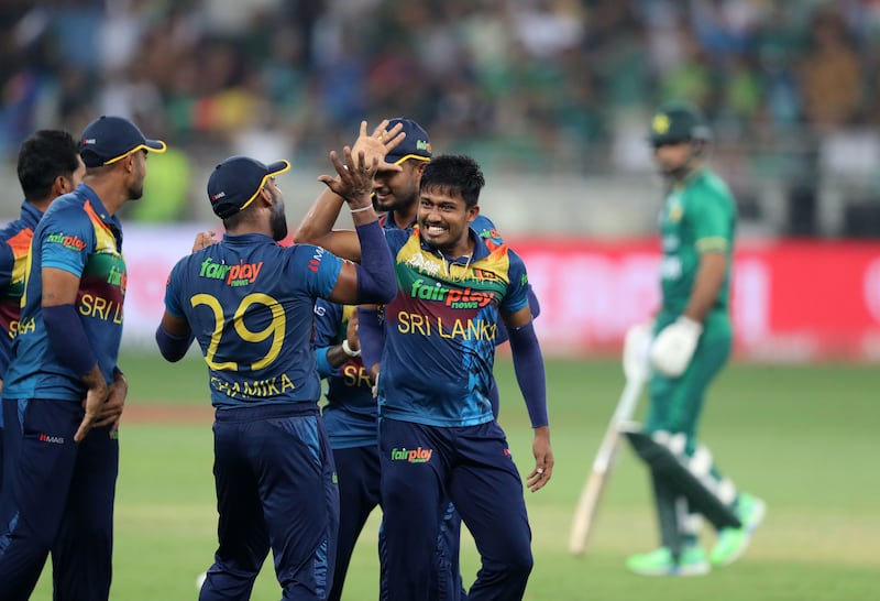 Sri Lanka's Pramod Madushan celebrates after bowling Pakistan batter Fakhar Zaman for a duck.
