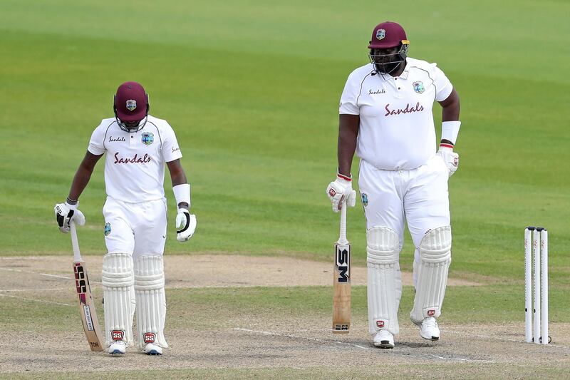 West Indies' Jermaine Blackwood, left, and Rahkeem Cornwall. AFP