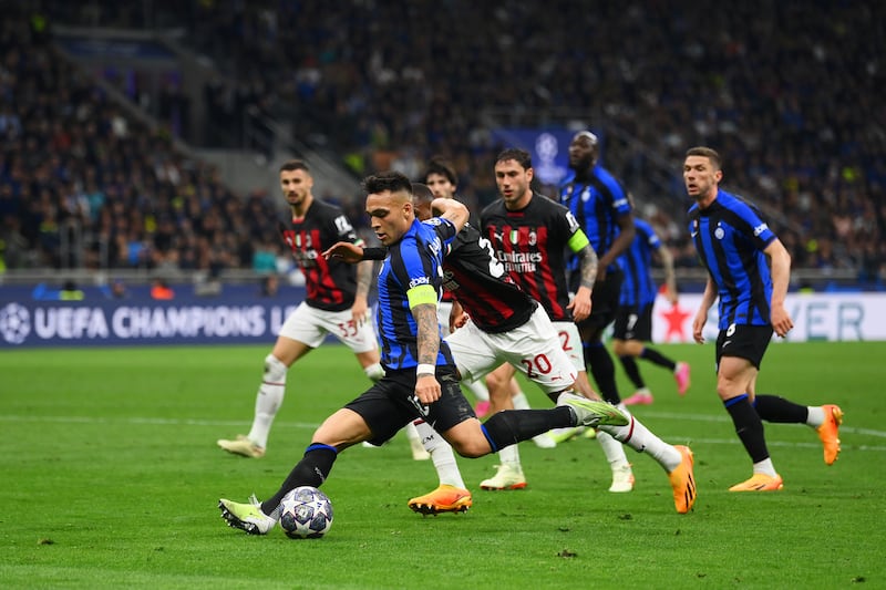 Lautaro Martinez scores for Inter Milan during the Champions League semi-final second leg at the San Siro on May 16, 2023. Inter won 1-0 on the night and 3-0 on aggregate. Getty Images 
