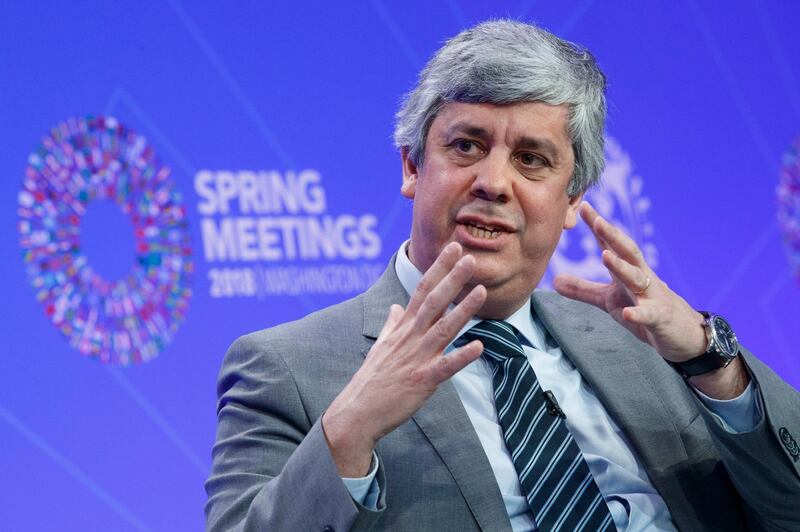 epa06680004 Portuguese Finance Minister and Eurogroup President, Mario Centeno delivers remarks during a panel discussion on Reforming the Euro Area: Views from inside and outside of Europe during the 2018 World Bank Group IMF Spring Meetings at IMF Headquarters in Washington, DC, USA, 19 April 2018. 2018 International Monetary Fund World Bank Group Spring Meetings run through 17-21 April 2018.  EPA/SHAWN THEW