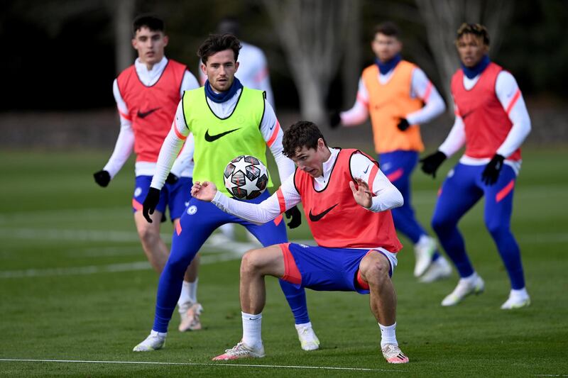COBHAM, ENGLAND - MAY 04:  Ben Chilwell and Andreas Christensen of Chelsea during a training session at Chelsea Training Ground on May 4, 2021 in Cobham, England. (Photo by Darren Walsh/Chelsea FC via Getty Images)
