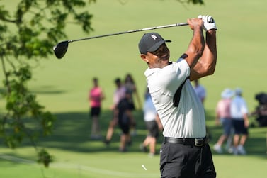May 16, 2022; Tulsa, Oklahoma, USA; Tiger Woods hits his tee shot on the 13th hole during a practice round for the PGA Championship golf tournament at Southern Hills Country Club.  Mandatory Credit: Michael Madrid-USA TODAY Sports
