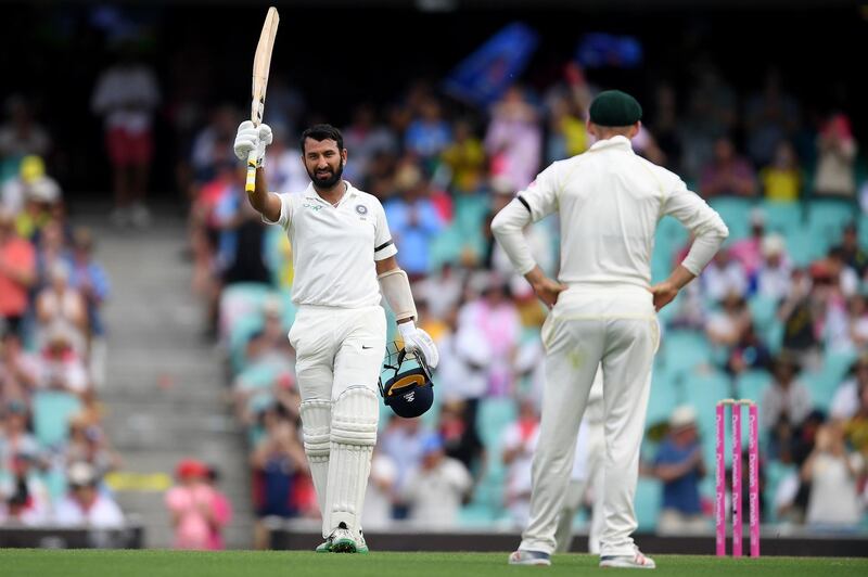 epa07259268 Cheteshwar Pujara of India celebrates after bringing up his century on day one of the Fourth Test match between Australia and India at the SCG in Sydney, Australia, 03 January 2019.  EPA/DAN HIMBRECHTS EDITORIAL USE ONLY, NO USE IN BOOKS, NEWS REPORTING PURPOSES ONLY AUSTRALIA AND NEW ZEALAND OUT