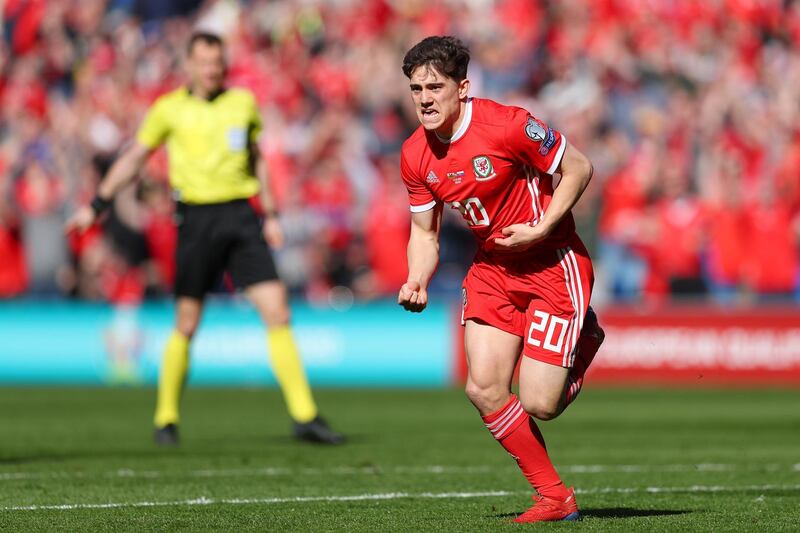 CARDIFF, WALES - MARCH 24:  Daniel James of Wales celebrates after he scores his sides first goal during the 2020 UEFA European Championships group E qualifying match between Wales and Slovakia at Cardiff City Stadium on March 24, 2019 in Cardiff, United Kingdom. (Photo by Catherine Ivill/Getty Images)
