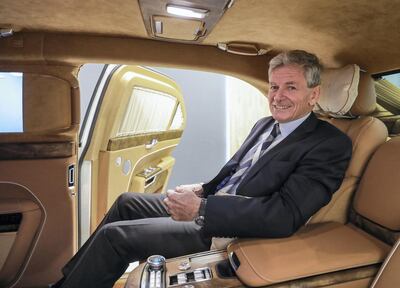Abu Dhabi, United Arab Emirates, 2/19/19, International Defence Exhibition & Conference 2019 (IDEX) day 3. --  Franz Gerhard Hilgert, CEO AURUS in the SENAT limousine.
Victor Besa / The National.
Section:  NA
Reporter: