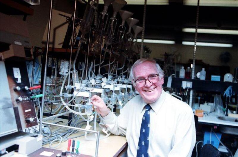 Scottish-born pharmacologist Sir James Black in his laboratory at the Rayne Institute, London, just after it was announced that he ws the joint winner of the 1988 Nobel Prize for medicine.