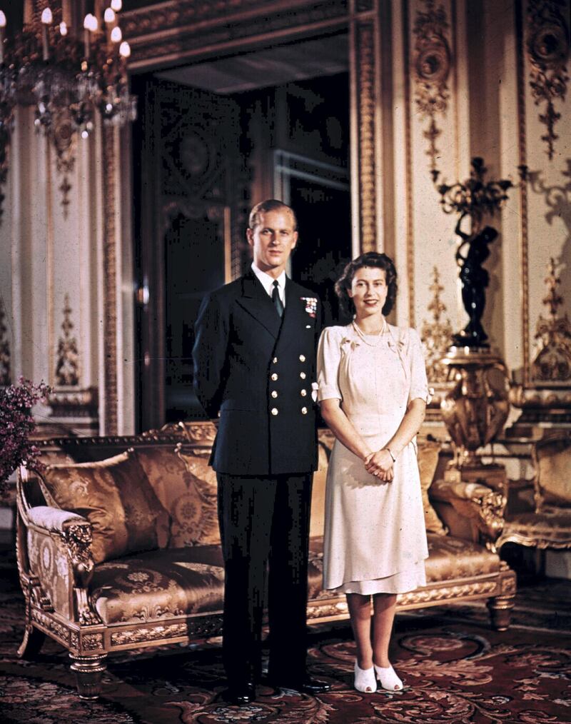 1947: Princess Elizabeth and Prince Philip, Duke of Edinburgh at Buckingham Palace shortly before their wedding. (Photo by Hulton Archive/Getty Images)
