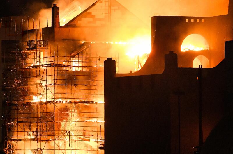 Fire fighters battle a blaze at the Mackintosh Building at the Glasgow School of Art for the second time in four years on in Glasgow, Scotland. In May 2014 it was devastated by a huge fire leading to a multi-million pound restoration due to complete in 2019. It was built in the late 1890's by Charles Rennie Mackintosh, then a junior draughtsman, and is widely considered to be his masterpiece. Jeff J Mitchell / Getty Images