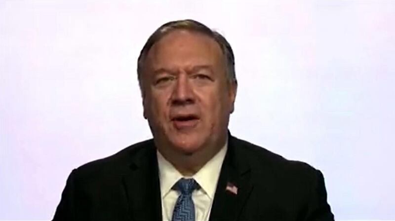 In this still image from a US State Department video, US Secretary of State Mike Pompeo delivers a virtual speech to the Manama Dialogue conference on regional security being held in Manama, Bahrain, on December 4, 2020. RESTRICTED TO EDITORIAL USE - MANDATORY CREDIT "AFP PHOTO / US State Department" - NO MARKETING - NO ADVERTISING CAMPAIGNS - DISTRIBUTED AS A SERVICE TO CLIENTS
 / AFP / US State Department / - / RESTRICTED TO EDITORIAL USE - MANDATORY CREDIT "AFP PHOTO / US State Department" - NO MARKETING - NO ADVERTISING CAMPAIGNS - DISTRIBUTED AS A SERVICE TO CLIENTS
