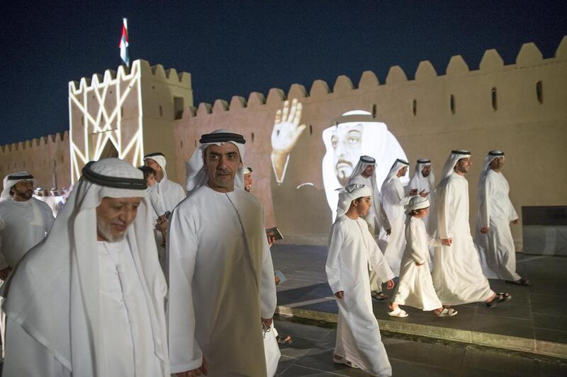 Lt General Sheikh Saif bin Zayed, UAE Deputy Prime Minister and Minister of Interior (2nd L) attends the reopening of Qasr Al Muwaiji, in Al Ain. Mohamed Al Hammadi / Crown Prince Court - Abu Dhabi