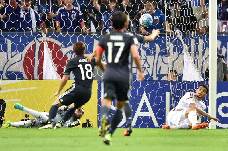 Takuma Asano's shot is saved off the line by UAE goalkeeper Khalid Essa during a 2018 World Cup qualifier at Saitama Stadium 2002 on September 1, 2016. The Japanese Football Federation have lodged an appeal with the authorities, saying the ball had crossed the line and a goal should have been awarded. Kazuhiro Nogi / AFP