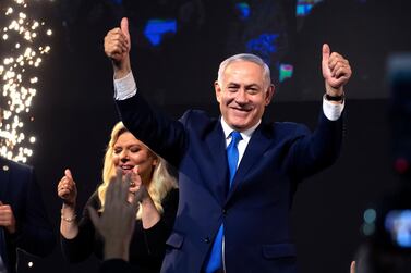 Israel's Prime Minister Benjamin Netanyahu  gesture during a 'victory speech' in Tel Aviv. EPA