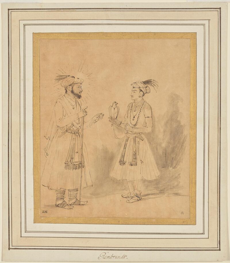 Shah Jahan and Dara Shikoh; Rembrandt Harmensz. van Rijn (Dutch, 1606 - 1669); 1654 to 1656; Brown ink and gray wash with scratchwork; 21.3 Ã— 17.8 cm (8 3/8 Ã— 7 in.); 85.GA.44