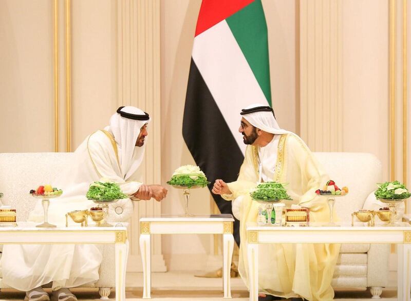 Sheikh Mohammed bin Rashid, Vice President and Ruler of Dubai, and Sheikh Mohamed bin Zayed, Crown Prince of Abu Dhabi and Deputy Supreme Commander of the UAE Armed Forces, speak at the wedding of Sheikh Hamdan bin Mohammed, Crown Prince of Dubai, Sheikh Maktoum bin Mohammed, Deputy Ruler of Dubai, and Sheikh Ahmed bin Mohammed, Chairman of the Mohammed bin Rashid Al Maktoum Knowledge Foundation, on Thursday at Dubai World Trade Centre. Courtesy Dubai Media Office