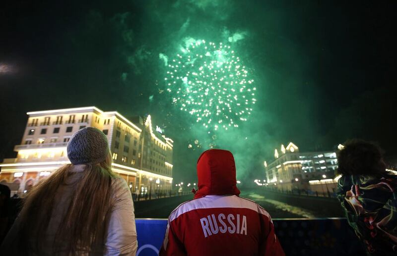 Fireworks explode after an evening concert in Rosa Khutor during the 2014 Sochi Winter Olympics on Saturday. Mike Segar / Reuters