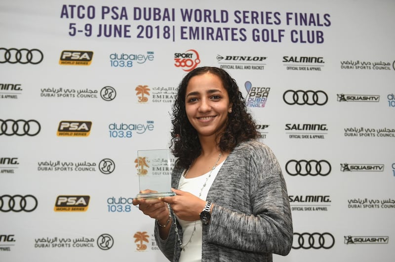 DUBAI, UNITED ARAB EMIRATES - JUNE 04:  Raneem El Welily of Egypt poses with Spirit of Squash award prior to the ATCO PSA Dubai World Series Finals which will be played from 5-9 June at the Emirates Golf Club on June 4, 2018 in, Dubai, United Arab Emirates. (Photo by Tom Dulat/Getty Images)