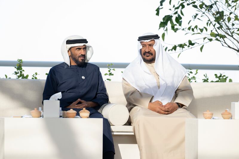Sheikh Saeed bin Mohamed, right, and Sheikh Nahyan bin Zayed, chairman of the board of trustees of Zayed bin Sultan Al Nahyan Charitable and Humanitarian Foundation, attend the meeting in Abu Dhabi.