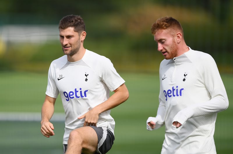 Ben Davies and Dejan Kulusevski  during the Tottenham training session. Getty 