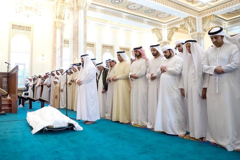 Sheikh Humaid bin Rashid Al Nuaimi, Ruler of Ajman, and Sheikh Saud bin Saqr Al Qasimi, Ruler of Ras Al Khaimah, perform funeral prayers for Sheikha Hamda at Al Shuhada Mosque in Dubai on Saturday. Wam