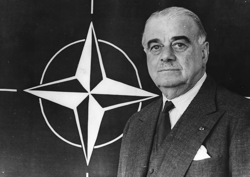 Lord Hastings Lionel Ismay, Secretary General of Nato, with the newly adopted Nato emblem in 1952