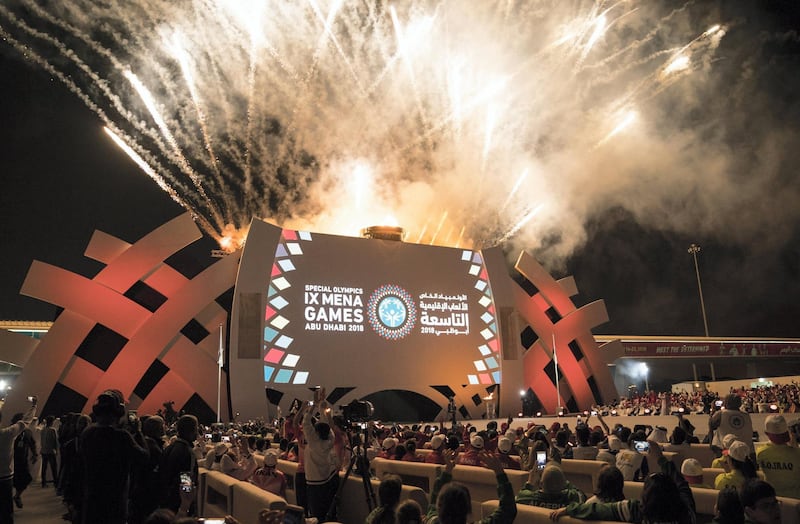 ABU DHABI, UNITED ARAB EMIRATES - March 17, 2018: Participants attend the opening ceremony of the Special Olympics IX MENA Games Abu Dhabi 2018, at the Abu Dhabi National Exhibition Centre (ADNEC).
( Ryan Carter for the Crown Prince Court - Abu Dhabi )