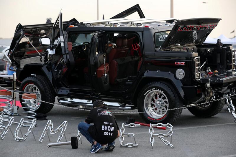 Dubai, United Arab Emirates - November 16, 2018: A member of the UAE hummer team at the annual Gulf Car Festival. Friday the 16th of November 2018 at Festival City Mall, Dubai. Chris Whiteoak / The National