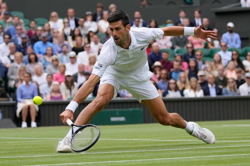 Novak Djokovic during his Wimbledon quarter-final win over Marton Fucsovics at the All England Club on Wednesday. AP