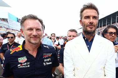MIAMI, FLORIDA - MAY 08: Red Bull Racing Team Principal Christian Horner and David Beckham stand on the grid prior to the F1 Grand Prix of Miami at the Miami International Autodrome on May 08, 2022 in Miami, Florida.    Mark Thompson / Getty Images / AFP
