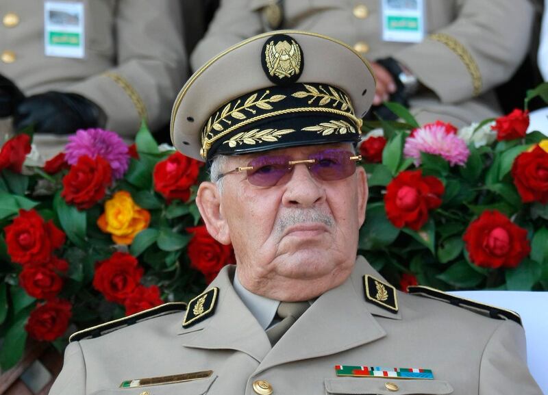 The late army chief Lt Gen Ahmed Gaid Salah presides a military parade in Algiers on July 1, 2018. The powerful powerful army chief died on Monday after a heart attack. AP Photo