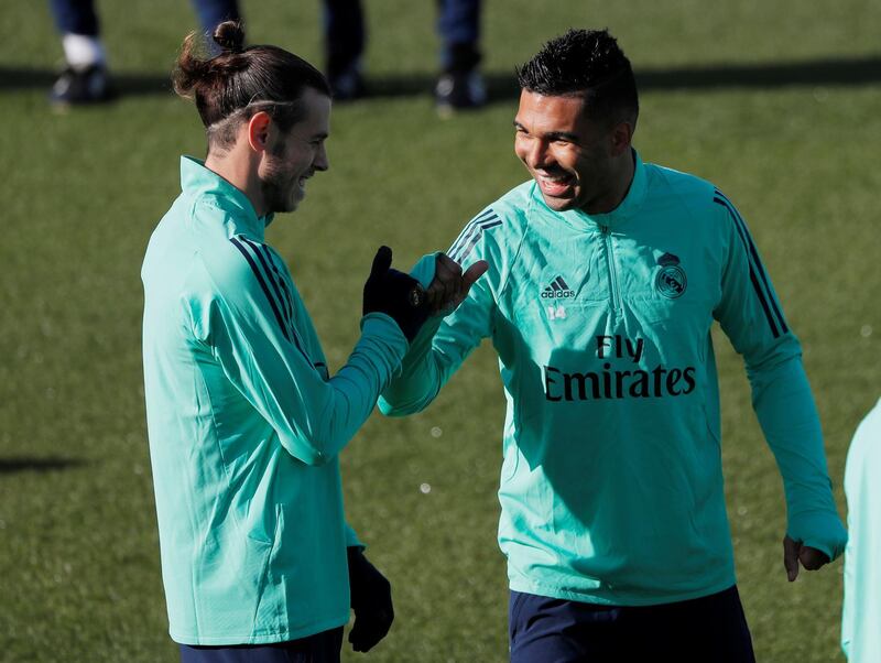 Real Madrid's Gareth Bale and Casemiro during training. Reuters