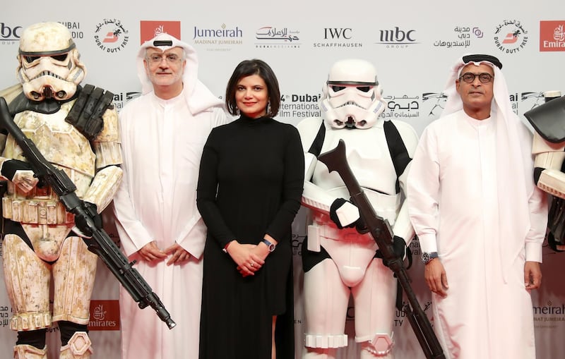 DUBAI, UNITED ARAB EMIRATES - DECEMBER 13:  DIFF Artistic Director Masoud Amralla Al Ali, Managing Director of DIFF Shivani Pandya and DIFF Chairman Abdulhamid Juma attend the "Star Wars: The Last Jedi" Closing Night red carpet on day eight of the 14th annual Dubai International Film Festival held at the Madinat Jumeriah Complex on December 13, 2017 in Dubai, United Arab Emirates.  (Photo by Vittorio Zunino Celotto/Getty Images for DIFF)