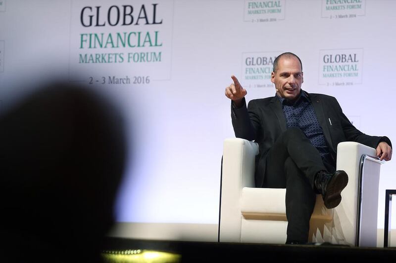 Yanis Varoufakis, the former minister of finance in Greece, spoke on 'Greece, Austerity, Brexit and Europe’s Other Darlings' on day two of the Global Financial Markets Forum hosted by NBAD at Emirates Palace in Abu Dhabi. Delores Johnson / The National