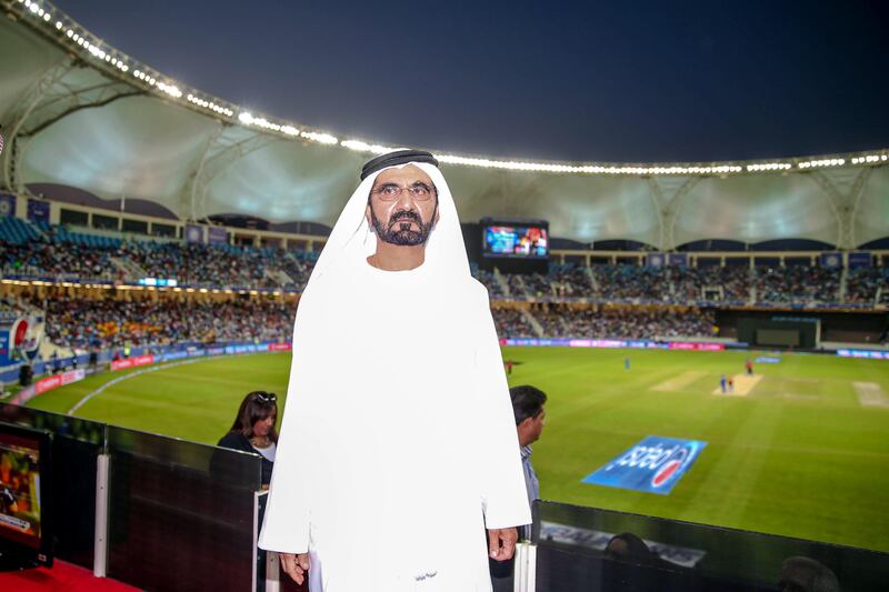 The Government of Dubai Media Office – 30 April 2014: His Highness Sheikh Mohammed bin Rashid Al Maktoum witnesses part of the 2014 Indian Premier League (IPL) cricket match between Mumbai Indians and Sunrisers Hayderabad; the last match of the UAE leg of the season. (Courtesy Dubai Government Media Office)

