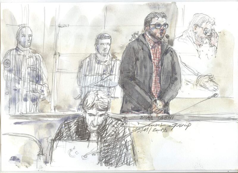 This court sketch made on November 19, 2019 shows Bilal Taghi, a radicalised member of IS, on trial at the criminal court in Paris after he attacked two prison guards at the Osny prison facility in 2016. / AFP / Benoit PEYRUCQ

