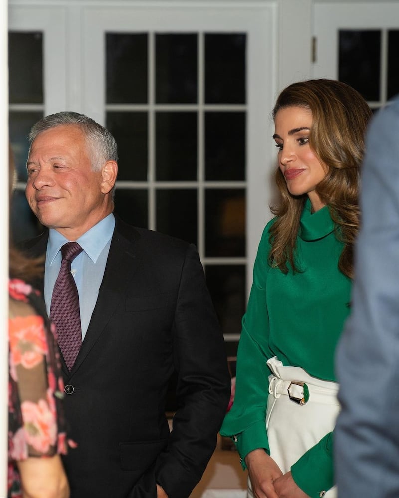 Queen Rania, in an emerald Christopher Kane blouse and white Gabriela Hearst skirt, and King Abdullah II at the White House, Washington, DC on Wednesday, July 21.