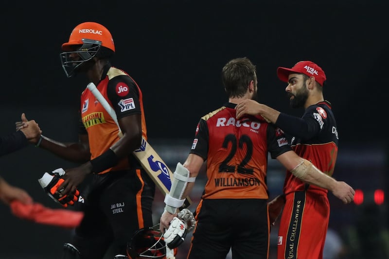 Kane Williamson of Sunrisers Hyderabad and Jason Holder of Sunrisers Hyderabad celebrate the victory during the eliminator match of season 13 of the Dream 11 Indian Premier League (IPL) between the Sunrisers Hyderabad and the Royal Challengers Bangalore at the Sheikh Zayed Stadium, Abu Dhabi  in the United Arab Emirates on the 6th November 2020.  Photo by: Pankaj Nangia  / Sportzpics for BCCI