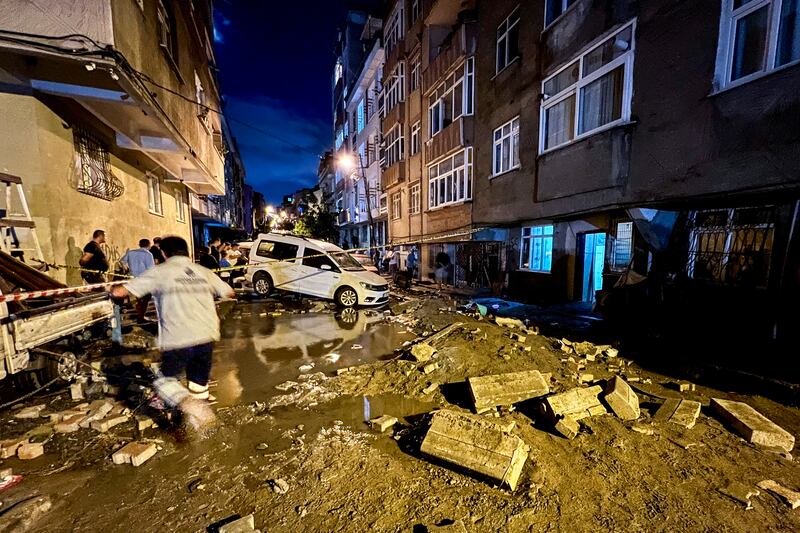 Vehicles are scattered during floods after heavy rains in Istanbul, Turkey.  AP