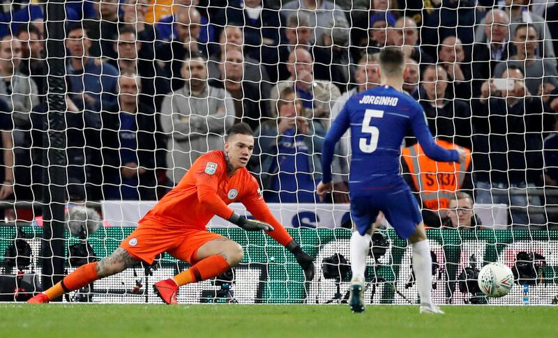 Chelsea's Jorginho misses from the penalty spot. Action Images via Reuters