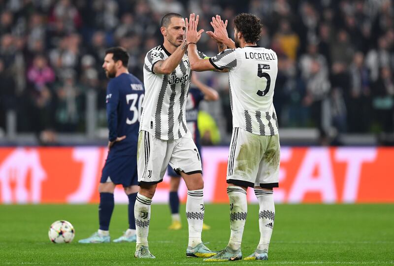 Leonardo Bonucci celebrates with teammate Manuel Locatelli after scoring. Getty