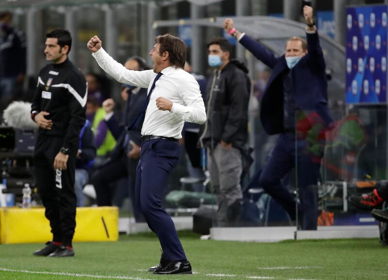 Antonio Conte celebrates at the end of the match. AP