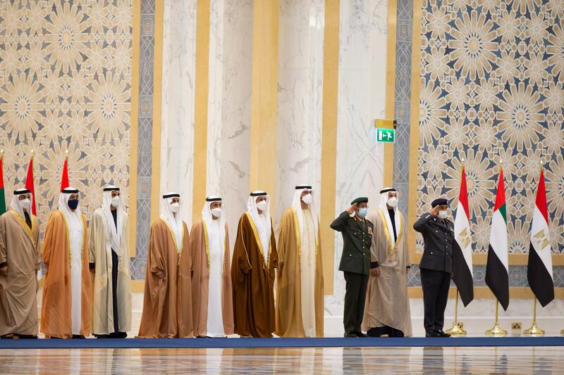 From left: Sheikh Mansour bin Zayed, Deputy Prime Minister and Minister of Presidential Affairs, Sheikh Abdullah bin Zayed, Minister of Foreign Affairs and International Co-operation,  
Sheikh Khaled bin Mohamed, Member of the Abu Dhabi Executive Council and Chairman of the Abu Dhabi Executive Office, Sheikh Hamdan bin Mohamed, Sheikh Mohamed bin Hamad bin Tahnoun, Private Affairs Adviser in the Ministry of Presidential Affairs,  Ali bin Hammad Al Shamsi, Deputy Secretary General of the Supreme National Security Council, Dr Sultan bin Ahmed Al Jaber, Minister of Industry and Advanced Technology and Managing Director and Group Chief Executive of Adnoc, Lt Gen Hamad Al Rumaithi, Chief of Staff of the UAE Armed Forces, Khaldoon Al Mubarak, Chief Executive and Managing Director of Mubadala Investment Company and Chairman of the Abu Dhabi Executive Affairs Authority and Maj Gen Faris Khalaf Al Mazrouei, Abu Dhabi Executive Council Member and Commander-in-Chief of Abu Dhabi Police, attend the reception. Photo: Hamad Al Kaabi / Ministry of Presidential Affairs