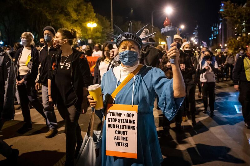 Dr Lora Chamberlain, 65, of Edgwater, president of Clean Count Cook County, joins protesters to march through the Loop, demanding every vote be counted in the general election. AP