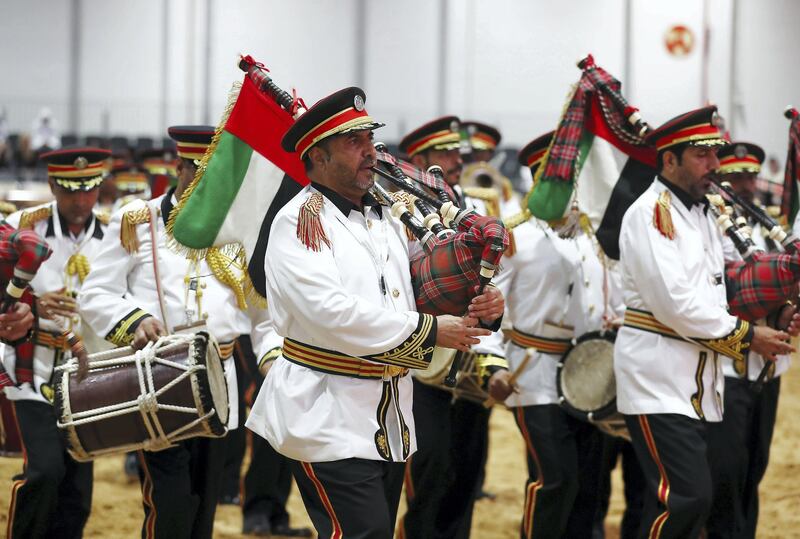 ABU DHABI ,  UNITED ARAB EMIRATES , AUGUST 27 – 2019 :- Members of the Abu Dhabi Police band performing during the ADIHEX 2019 held at ADNEC in Abu Dhabi. ( Pawan Singh / The National ) For News/Online/Instagram/Big Picture. Story by Daniel 