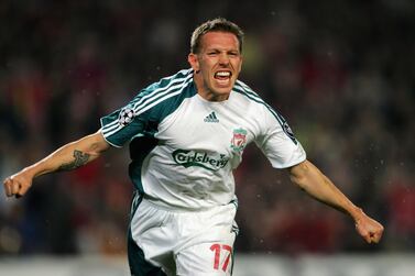 BARCELONA, SPAIN - FEBRUARY 21: Craig Bellamy of Liverpool celebrates after scoring his goal during the UEFA Champions League round of 16 first leg match between Barcelona and Liverpool at the Nou Camp Stadium on February 21, 2007 in Barcelona, Spain. (Photo by Alex Livesey/Getty Images)