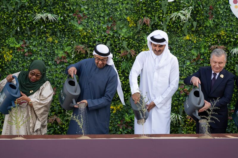 Sheikh Mohamed also took part in the watering of a Sidr tree with Sheikh Tamim, along with leaders, country representatives and invited guests.