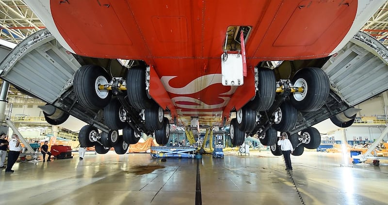 New wheels on the Emirates A380 after a 14-day effort to change all of the landing gear. Courtesy Emirates