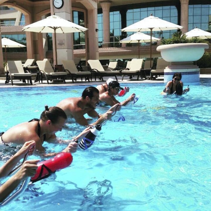Similar to spin bikes in gyms, “aqua bikes” are made for underwater exercise.Aqua Cycle classes are avaiable in Abu Dhabi at Al Raha Beach Hotel and the Hilton’s beach club, the Hiltonia, on the Corniche. Courtesy SeaTime